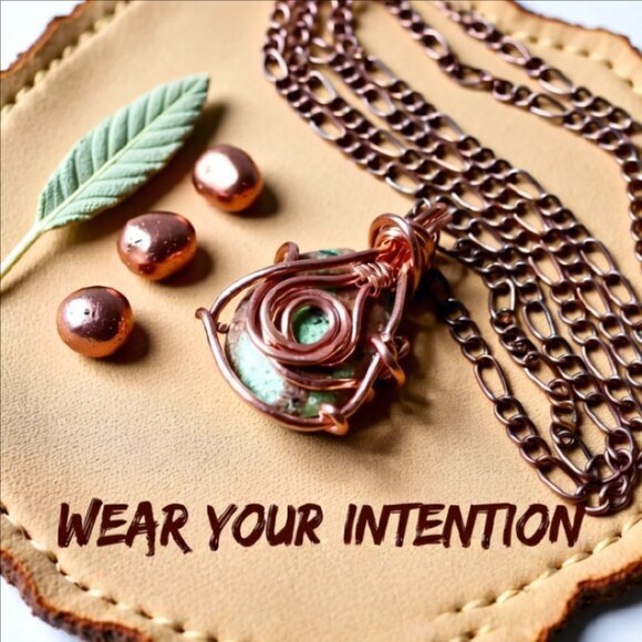 Hand Crafted Jewelry - Reversible! Copper Wire Wrap Green Jasper Pendant + 21" Figaro Chain - Handmade